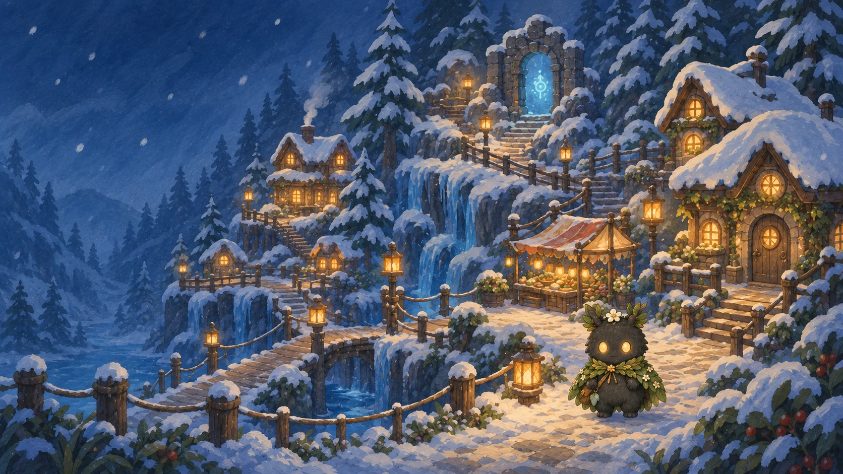 Wisp standing by a lantern in a snow-covered Mossbell village beneath a glowing stone gateway.